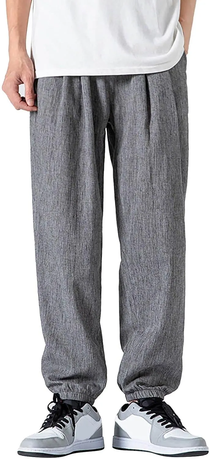 Mens Cotton Linen Pants Elastic Waist Drawstring Cuffed Harem Jogger Sweatpants Loose Lightweight Summer Beach Yoga Pants