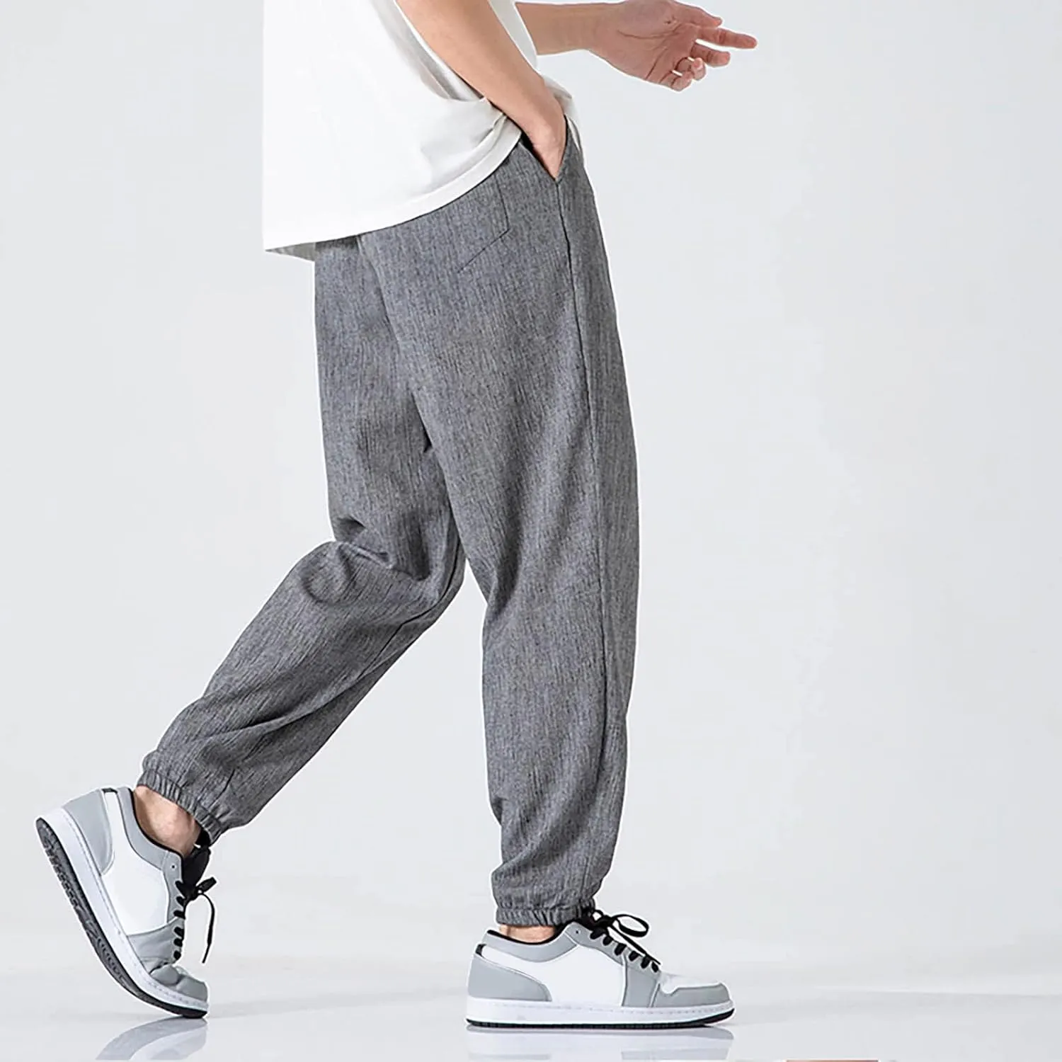Mens Cotton Linen Pants Elastic Waist Drawstring Cuffed Harem Jogger Sweatpants Loose Lightweight Summer Beach Yoga Pants