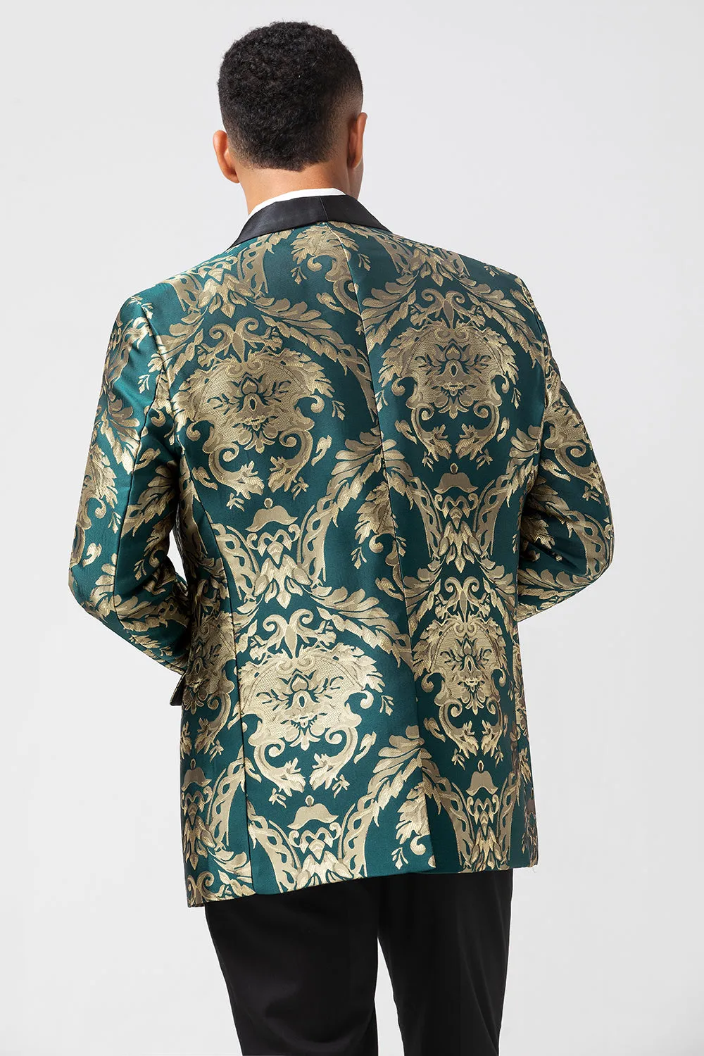 Men's Dark Green One Button Jacquard Prom Blazer with Shawl Lapel