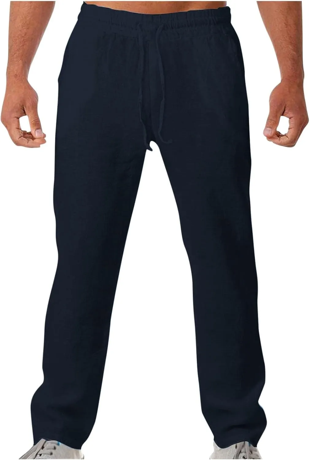 Men's Drawstring Cargo Linen Pants Joggers Casual Elastic Waist Beach Loose Trousers Flat-Front Stretch Chino Pant