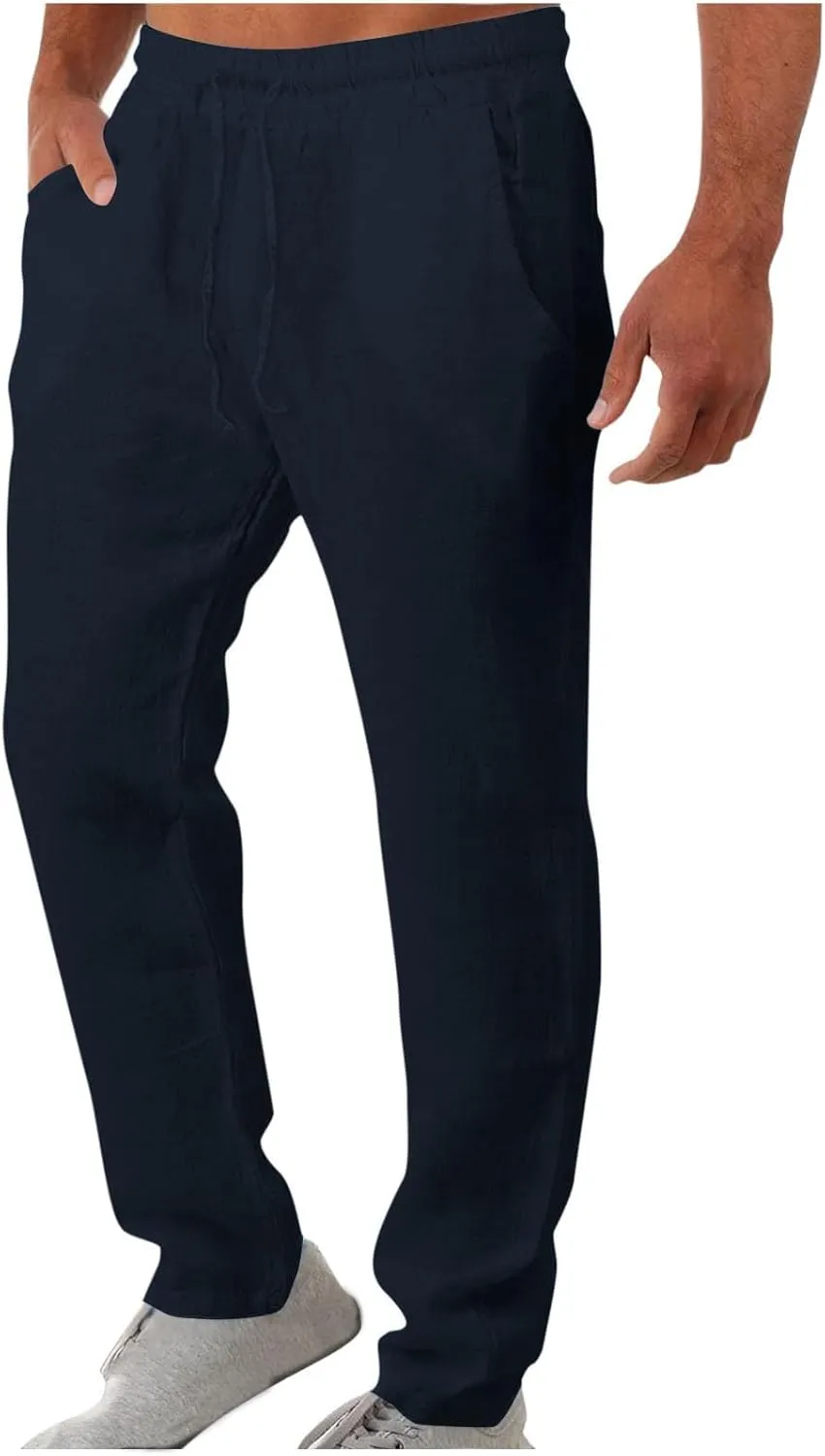 Men's Drawstring Cargo Linen Pants Joggers Casual Elastic Waist Beach Loose Trousers Flat-Front Stretch Chino Pant