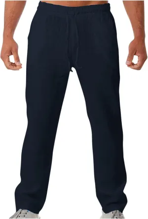 Men's Drawstring Cargo Linen Pants Joggers Casual Elastic Waist Beach Loose Trousers Flat-Front Stretch Chino Pant