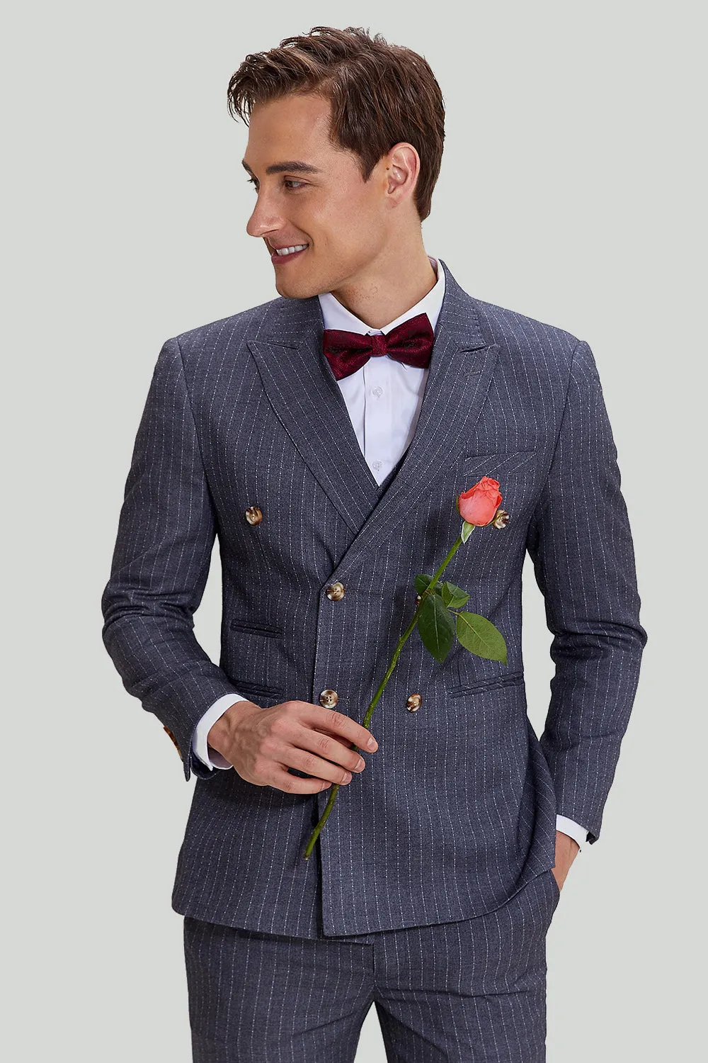 Men's Grey 3 Pieces Peak Lapel Wedding Guest Suit