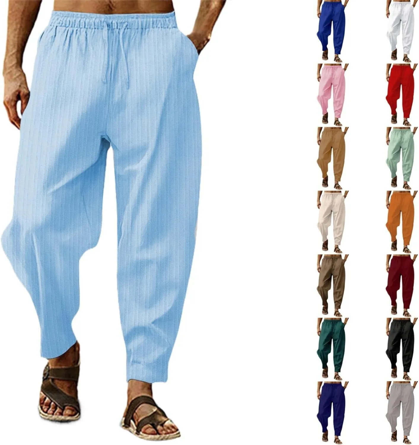 Mens Hippie Harem Pants Baggy Linen Cotton Boho Yoga Capri Pants Drawstring Elastic Waist Summer Beach Vacation Trousers