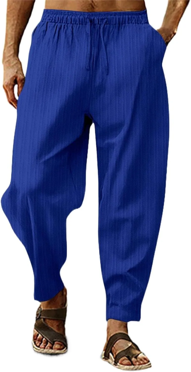 Mens Hippie Harem Pants Baggy Linen Cotton Boho Yoga Capri Pants Drawstring Elastic Waist Summer Beach Vacation Trousers