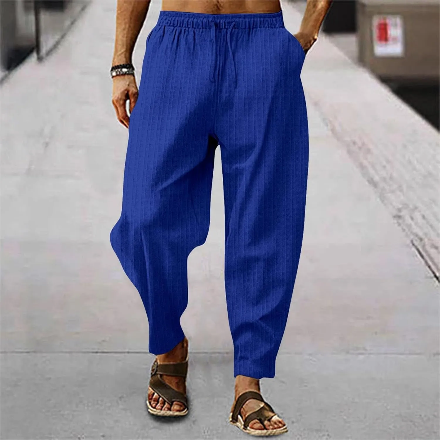 Mens Hippie Harem Pants Baggy Linen Cotton Boho Yoga Capri Pants Drawstring Elastic Waist Summer Beach Vacation Trousers