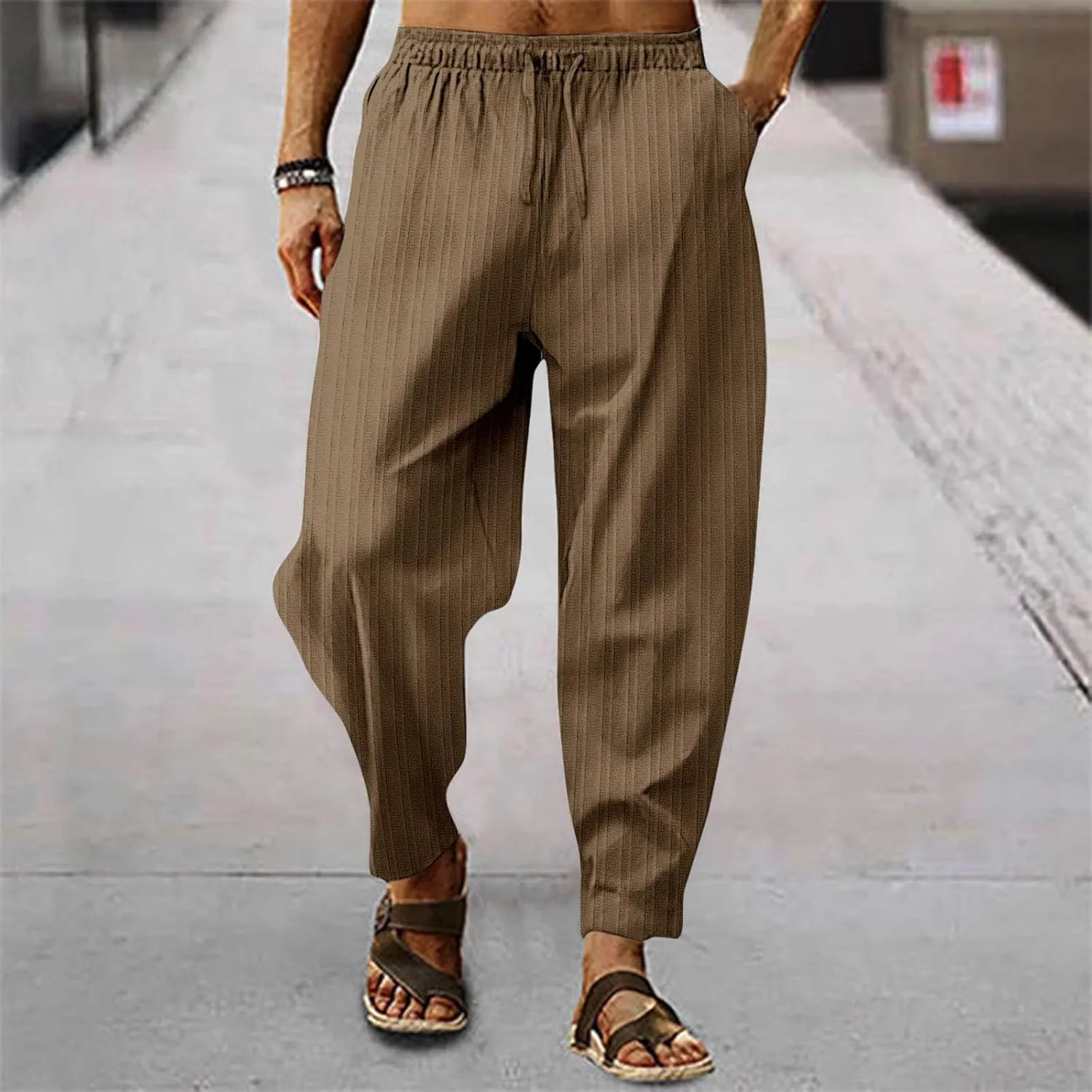 Mens Hippie Harem Pants Baggy Linen Cotton Boho Yoga Capri Pants Drawstring Elastic Waist Summer Beach Vacation Trousers