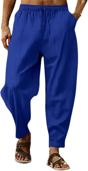 Mens Hippie Harem Pants Baggy Linen Cotton Boho Yoga Capri Pants Drawstring Elastic Waist Summer Beach Vacation Trousers
