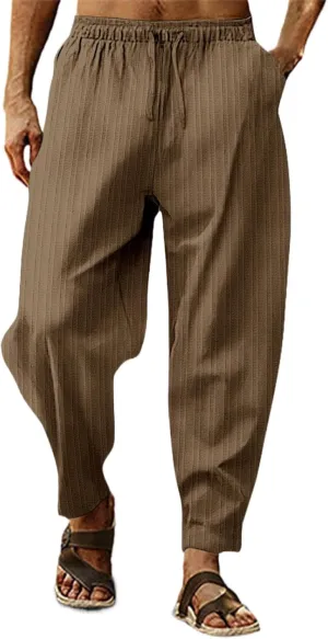 Mens Hippie Harem Pants Baggy Linen Cotton Boho Yoga Capri Pants Drawstring Elastic Waist Summer Beach Vacation Trousers