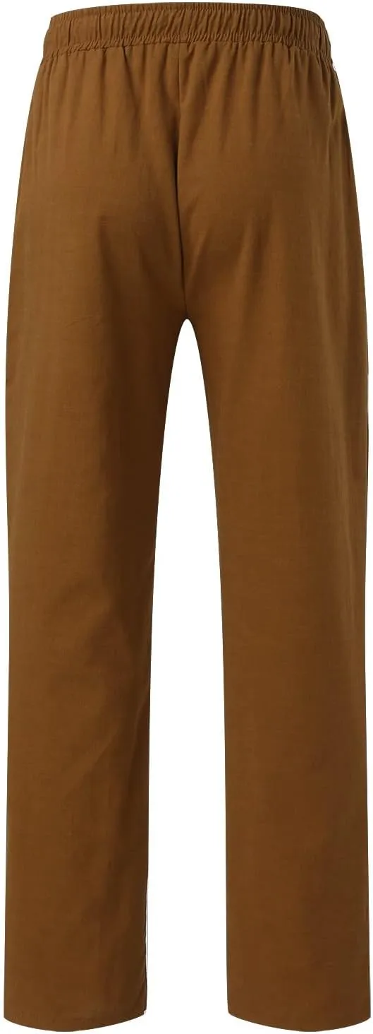 Mens Linen Cotton Casual Trousers 2024 Summer Resort Wear Beach Pants for Men Lightweight Elastic Waist Cruise Slack