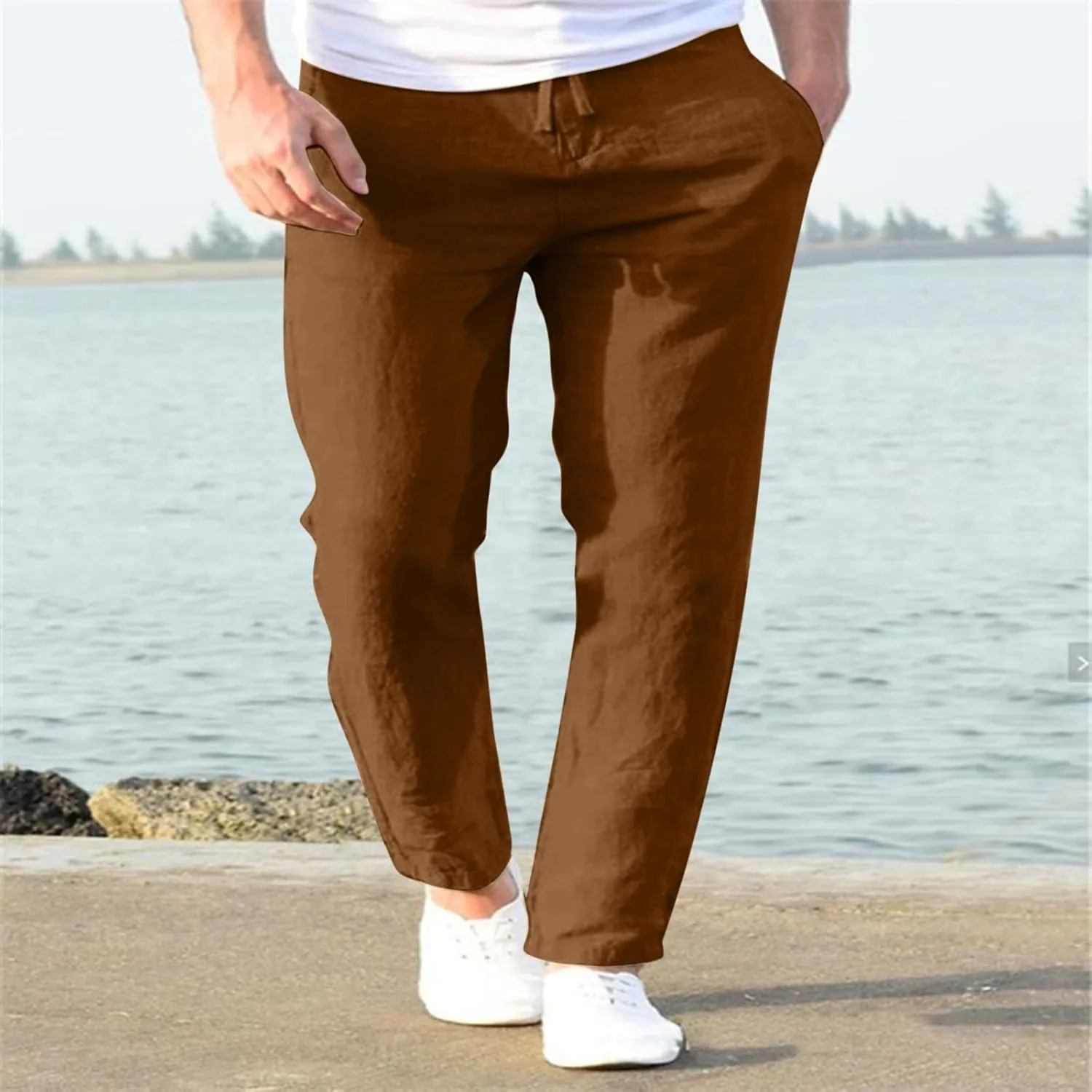 Mens Linen Cotton Casual Trousers 2024 Summer Resort Wear Beach Pants for Men Lightweight Elastic Waist Cruise Slack