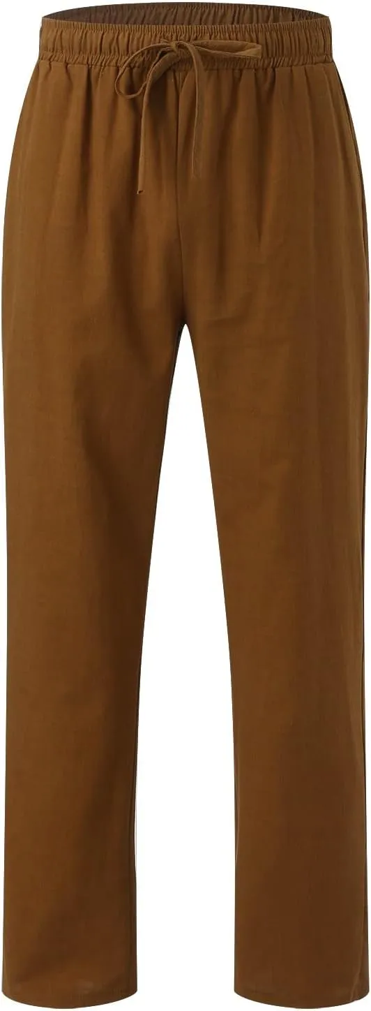 Mens Linen Cotton Casual Trousers 2024 Summer Resort Wear Beach Pants for Men Lightweight Elastic Waist Cruise Slack