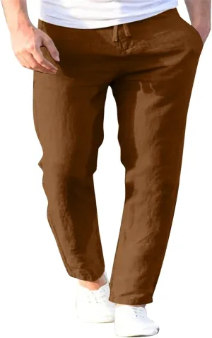 Mens Linen Cotton Casual Trousers 2024 Summer Resort Wear Beach Pants for Men Lightweight Elastic Waist Cruise Slack