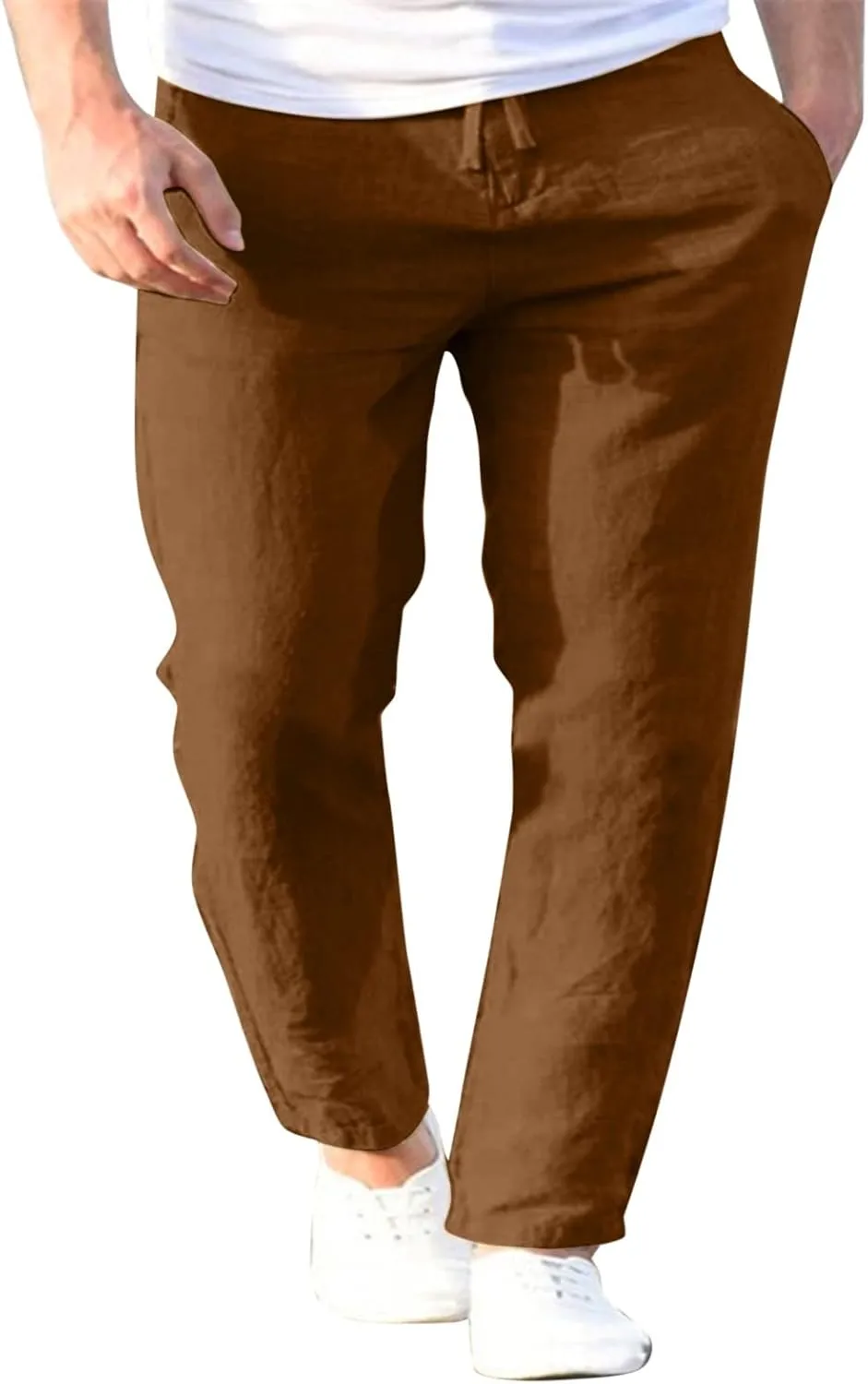 Mens Linen Cotton Casual Trousers 2024 Summer Resort Wear Beach Pants for Men Lightweight Elastic Waist Cruise Slack