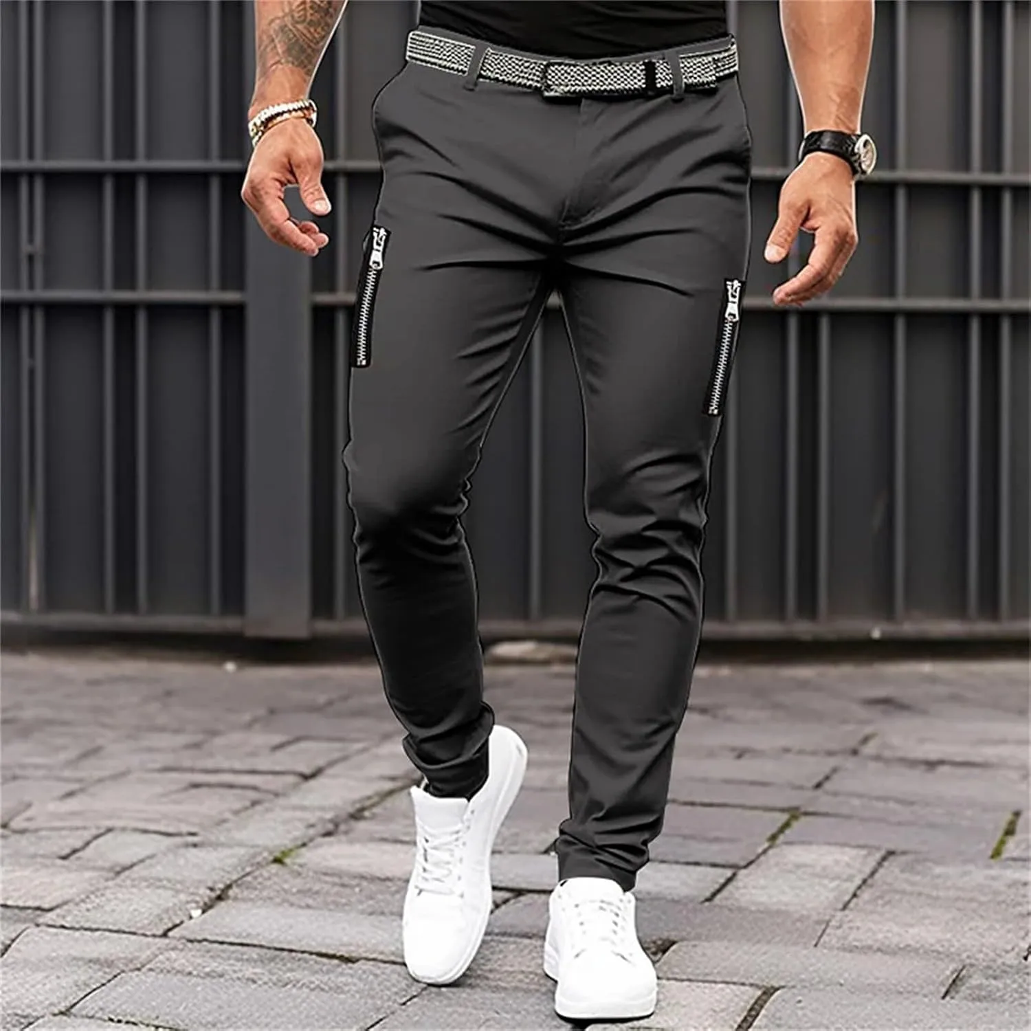 Mens Solid Color Tight Leisure Pants Mid Waist Multi Pockets Tactical Business Trouser Dressy Casual Outdoor Versatile Pants