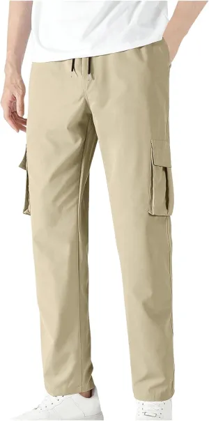 Mens Straight Leg Cargo Pants Regular Fit Drawstring Elastic Waist Stylish Casual Chino Pants with Pockets