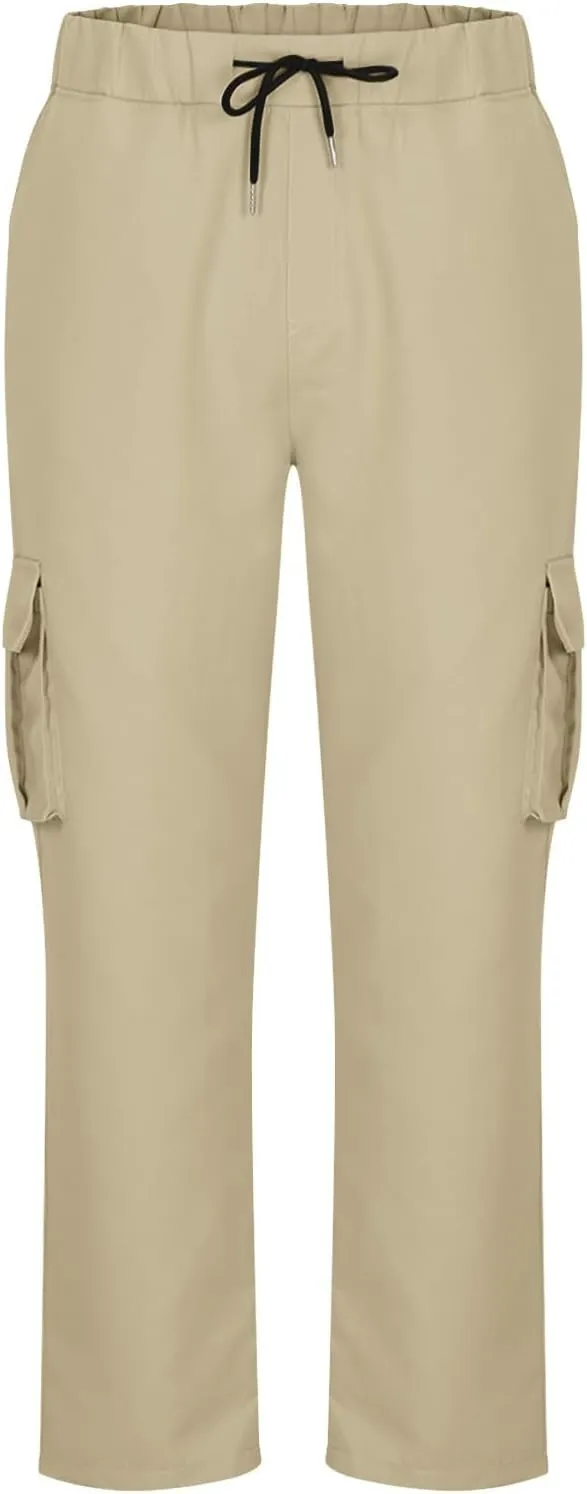 Mens Straight Leg Cargo Pants Regular Fit Drawstring Elastic Waist Stylish Casual Chino Pants with Pockets