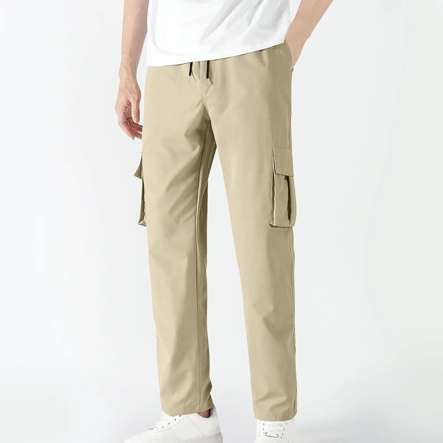 Mens Straight Leg Cargo Pants Regular Fit Drawstring Elastic Waist Stylish Casual Chino Pants with Pockets