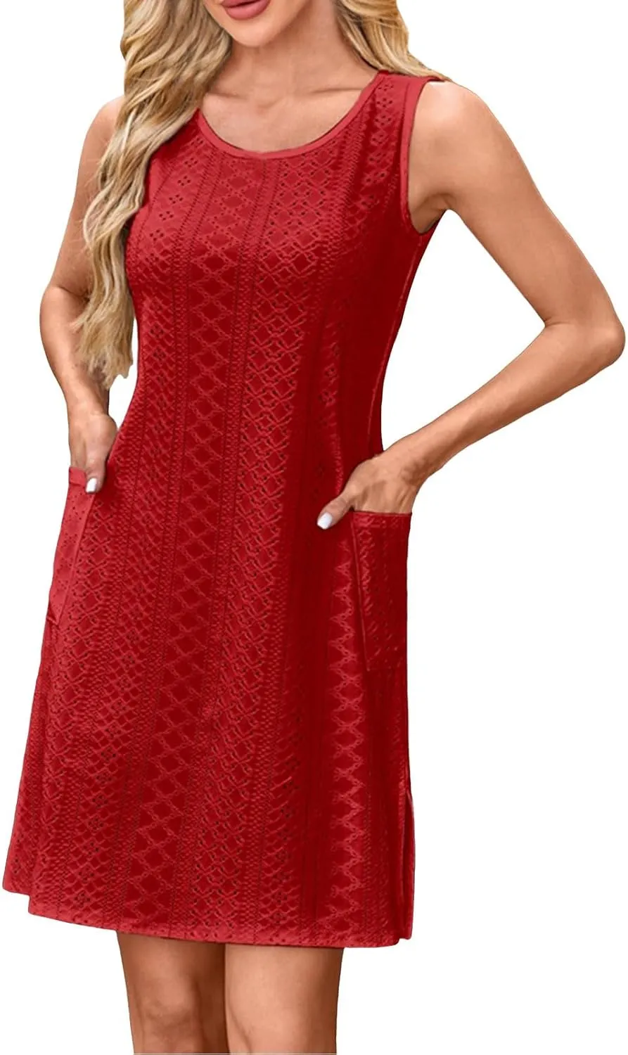 Mini Eyelet Dress for Women Summer Beach Vacation Crewneck Sleeveless Short Sundresses Casual Swimsuit Cover Up for Women