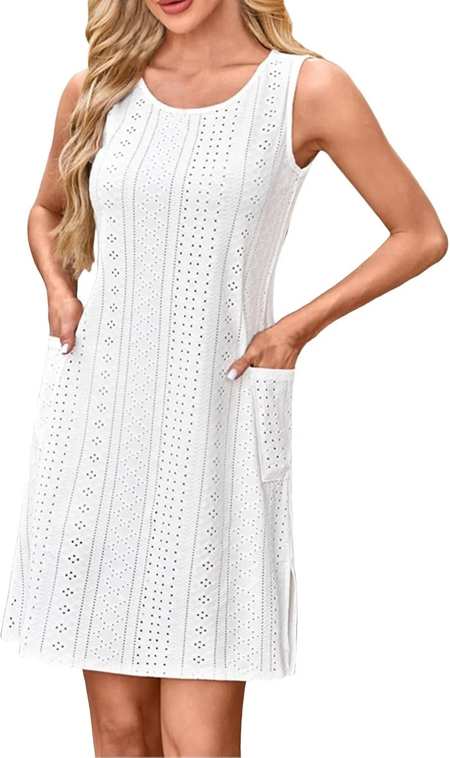 Mini Eyelet Dress for Women Summer Beach Vacation Crewneck Sleeveless Short Sundresses Casual Swimsuit Cover Up for Women