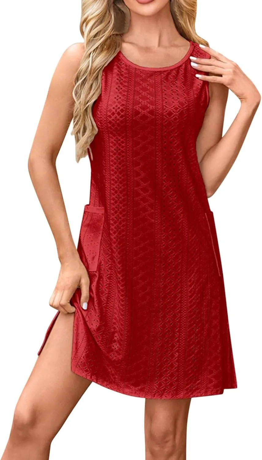 Mini Eyelet Dress for Women Summer Beach Vacation Crewneck Sleeveless Short Sundresses Casual Swimsuit Cover Up for Women