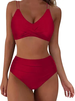 NATHGAM Two Piece Bikini Sets for Women Tummy Control Swimsuits High Waisted Crisscross Tie Back Bathing Suit Swimwear 2025