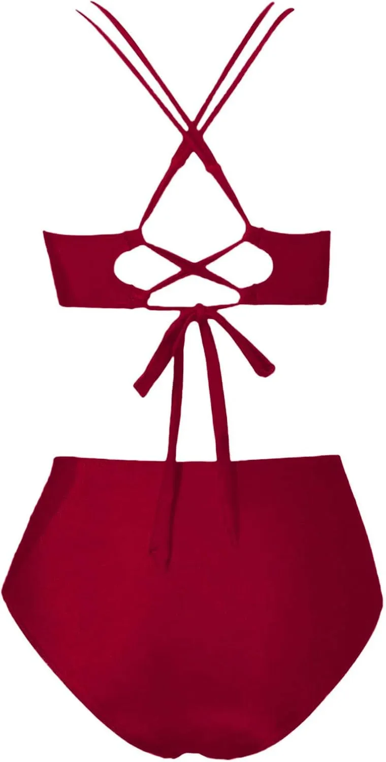 NATHGAM Two Piece Bikini Sets for Women Tummy Control Swimsuits High Waisted Crisscross Tie Back Bathing Suit Swimwear 2025