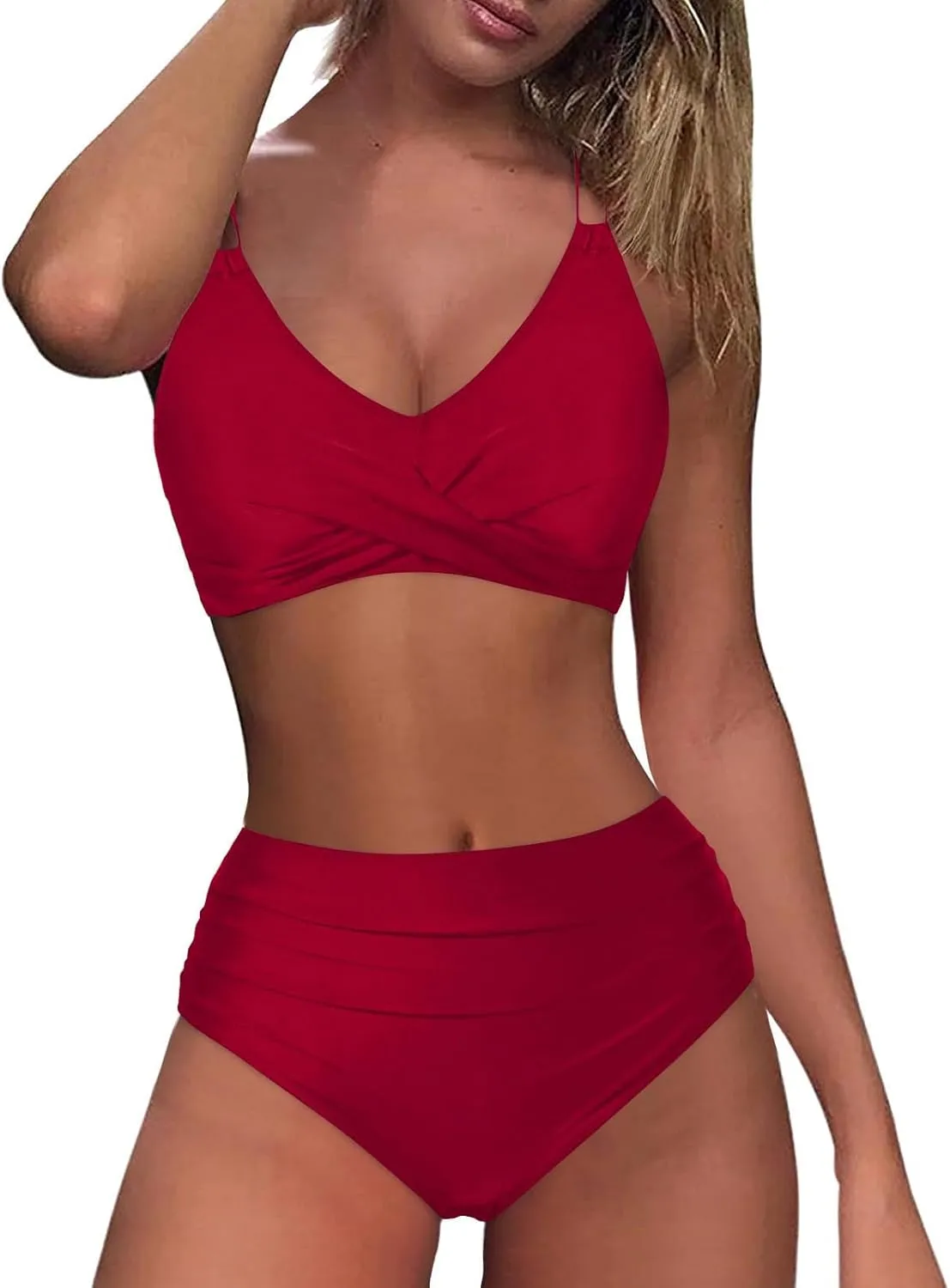 NATHGAM Two Piece Bikini Sets for Women Tummy Control Swimsuits High Waisted Crisscross Tie Back Bathing Suit Swimwear 2025