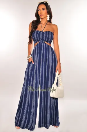 Navy Blue Striped Smocked Halter Drawstring Cut Out Jumpsuit