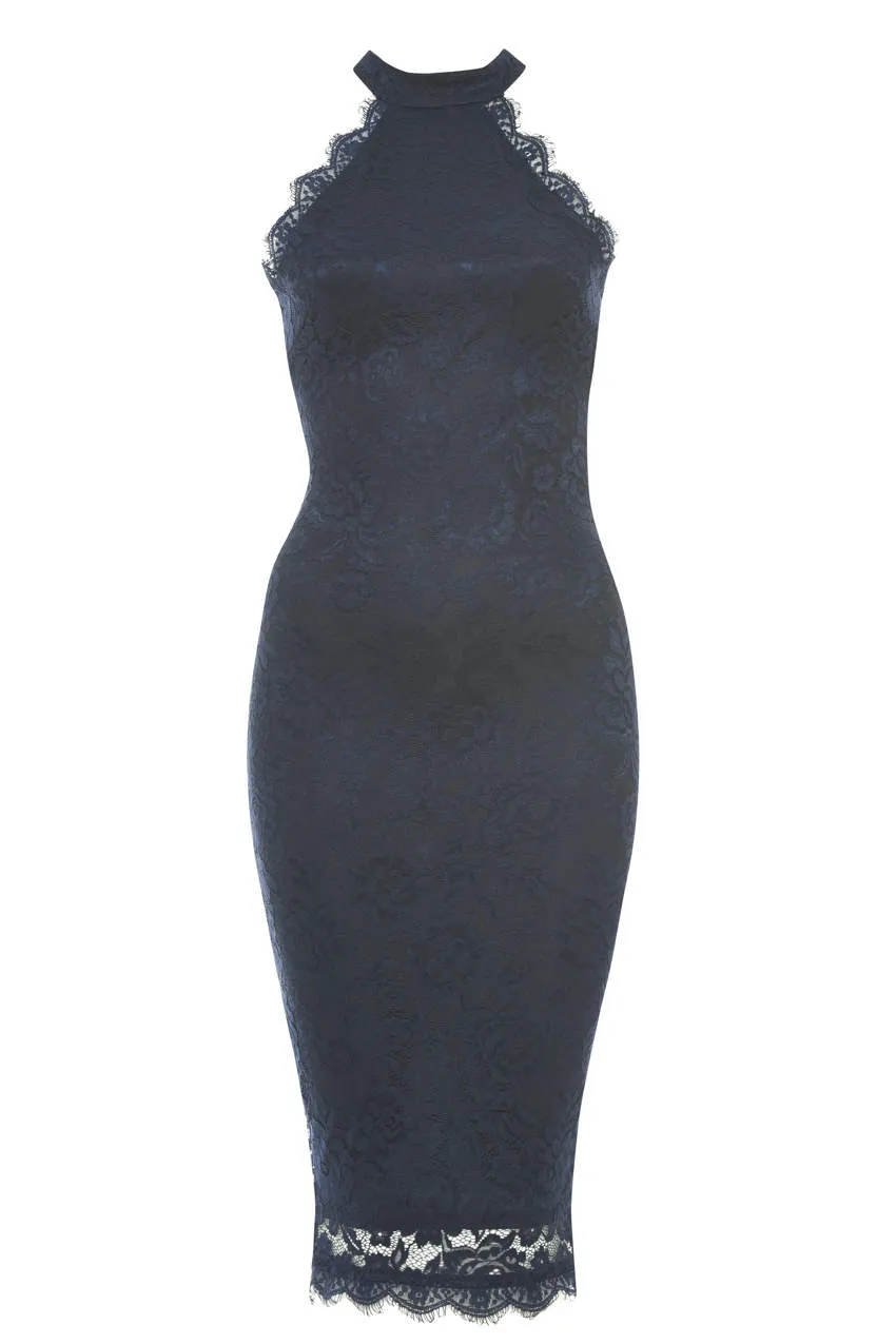 Navy High Neck Lace Midi Dress