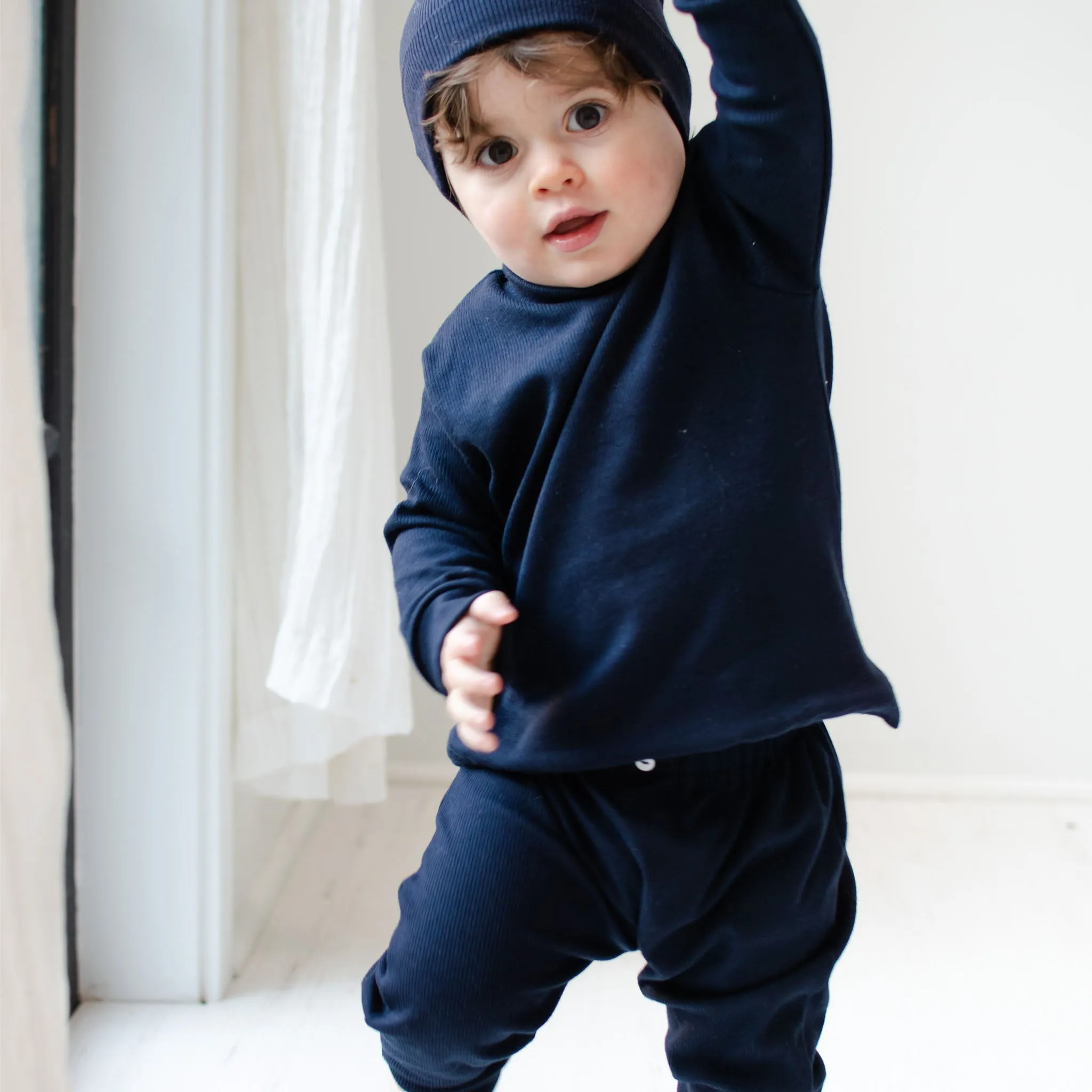 Navy Ribbed Cotton Top & Leggings