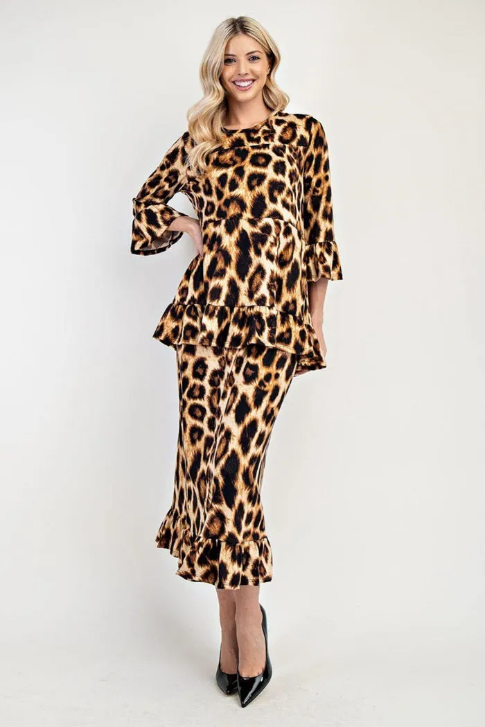 NEW! Leopard  Ruffle Midi Skirt S-3X