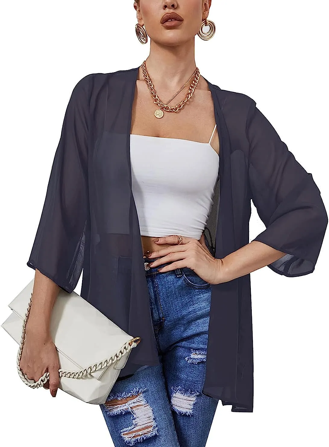 NEW Women’s Chiffon Kimono Cardigans Open Front Beach cover ups Sheer Loose Casual Blouse Tops, Sz S