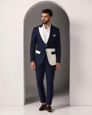Oceanic Elegance: Blue Suit with White Pintuck Detailing