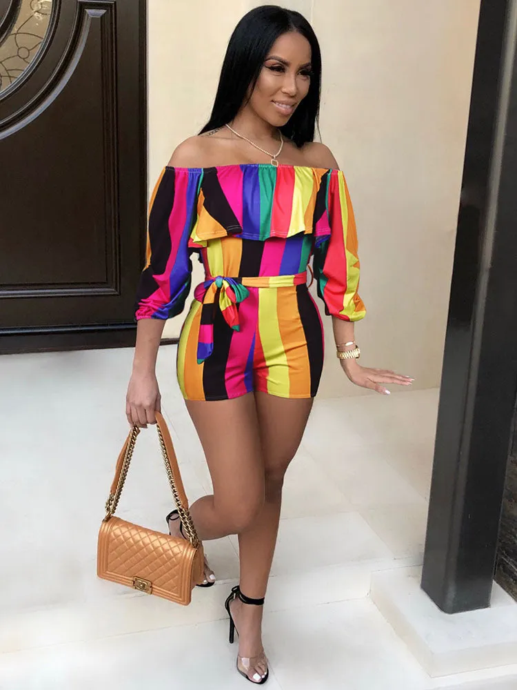 Off Shoulder Floral Print Belted Rompers