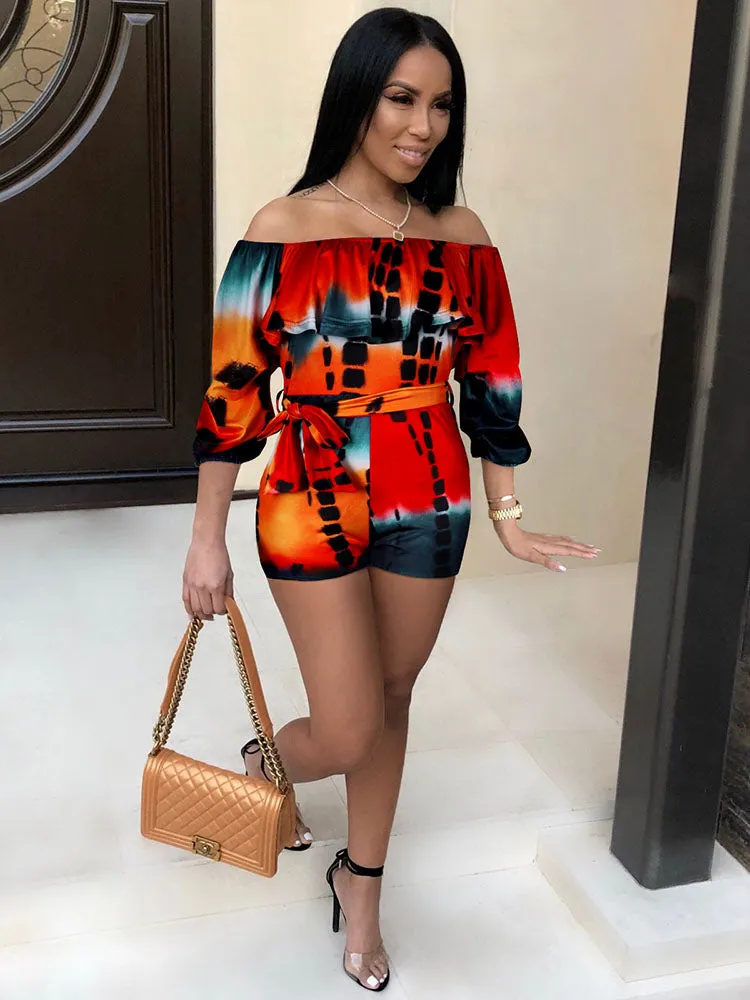 Off Shoulder Floral Print Belted Rompers