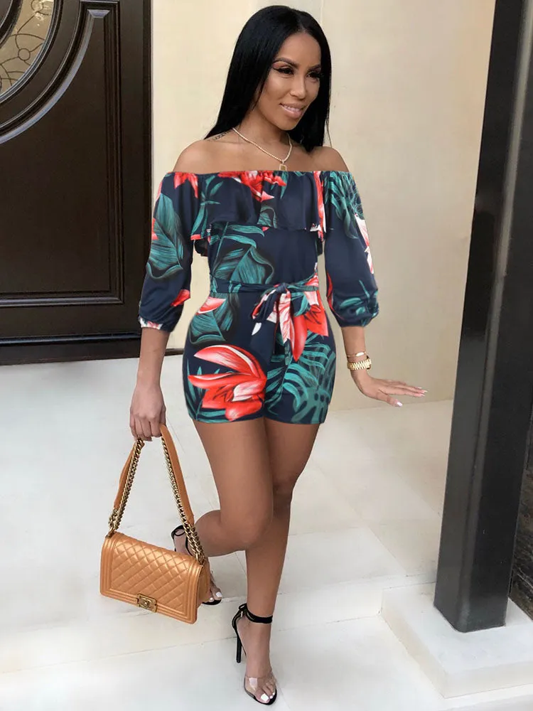 Off Shoulder Floral Print Belted Rompers