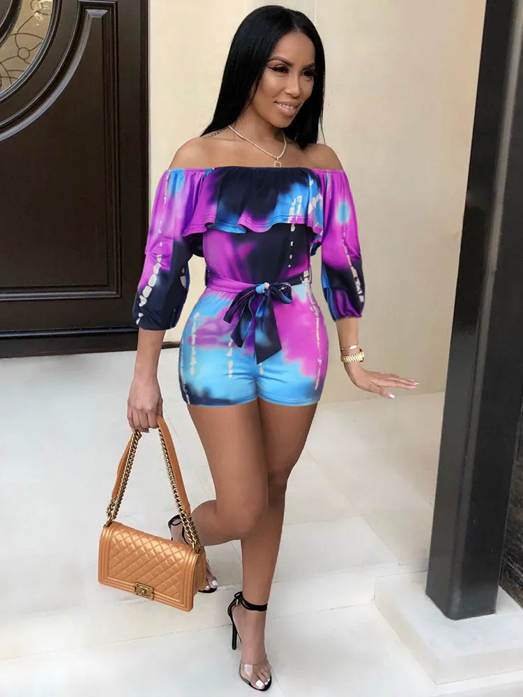 Off Shoulder Floral Print Belted Rompers