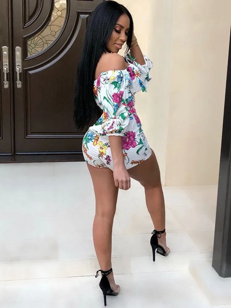 Off Shoulder Floral Print Belted Rompers