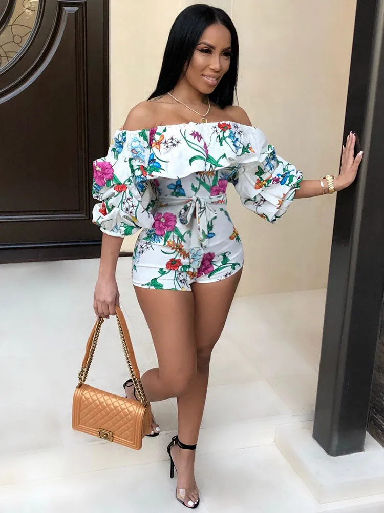 Off Shoulder Floral Print Belted Rompers