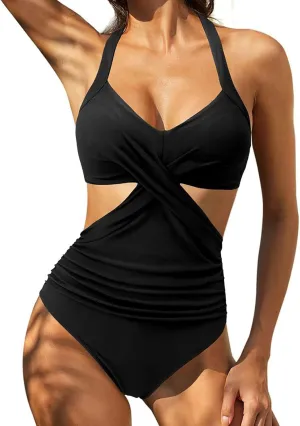 One Piece Swimsuit for Womens Fashion Ruched Tummy Control High Cut Backless Swimwear Wrap V Neck Bathing Suits