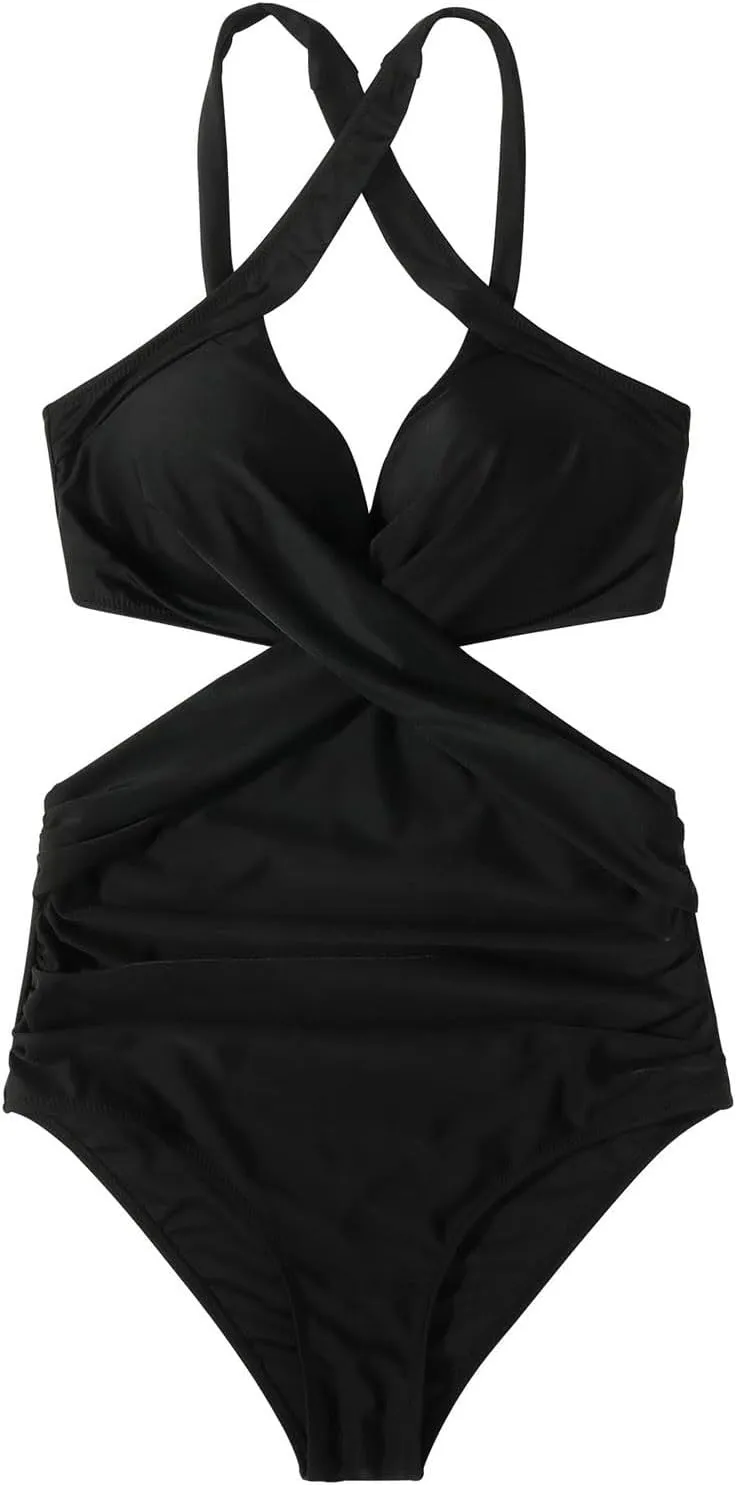 One Piece Swimsuit for Womens Fashion Ruched Tummy Control High Cut Backless Swimwear Wrap V Neck Bathing Suits
