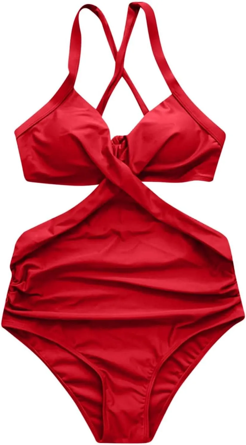 One Piece Swimsuit for Womens Fashion Ruched Tummy Control High Cut Backless Swimwear Wrap V Neck Bathing Suits
