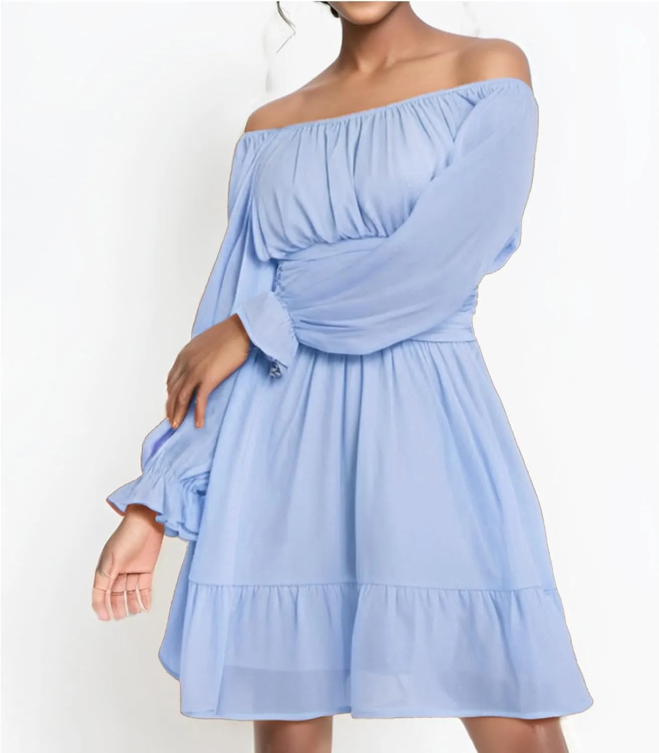 Pastel Dresses for Women 2025 Cute Petite Off Shoulder Long Sleeve Empire Waist Mini Dress Boho Church Graduation Outfit