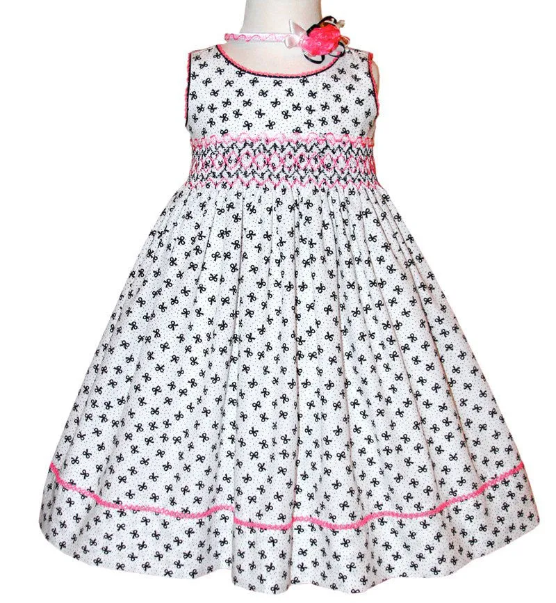 Pink Black White Hand Smocked Sleeveless Girls Summer Dress