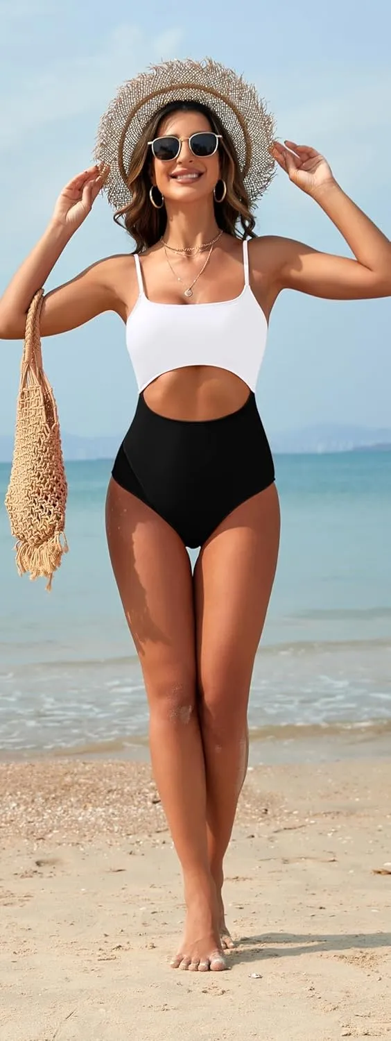 Pink Queen Women's One Piece Swimsuit Spaghetti Strap Scoop Neck Cutout High Waisted Bathing Suit Monokini