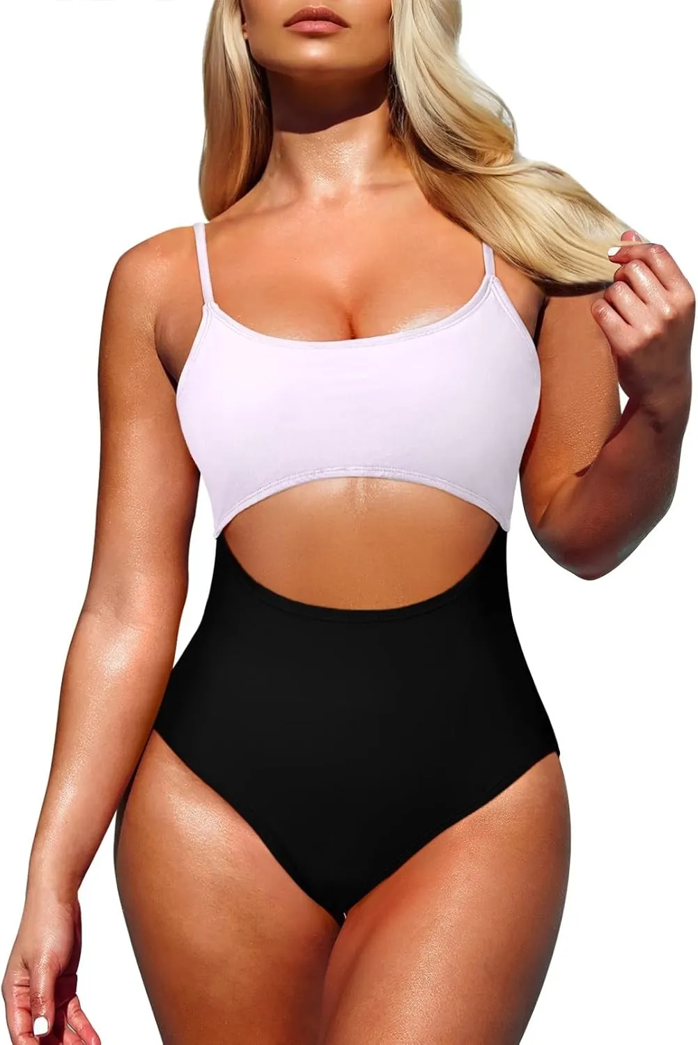 Pink Queen Women's One Piece Swimsuit Spaghetti Strap Scoop Neck Cutout High Waisted Bathing Suit Monokini