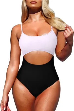 Pink Queen Women's One Piece Swimsuit Spaghetti Strap Scoop Neck Cutout High Waisted Bathing Suit Monokini
