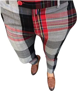 Plaid Pants for Men Slim Fit Flat Front Skinny Chino Dress Pants Checkered Business Casual Pants Stretch Golf Trousers