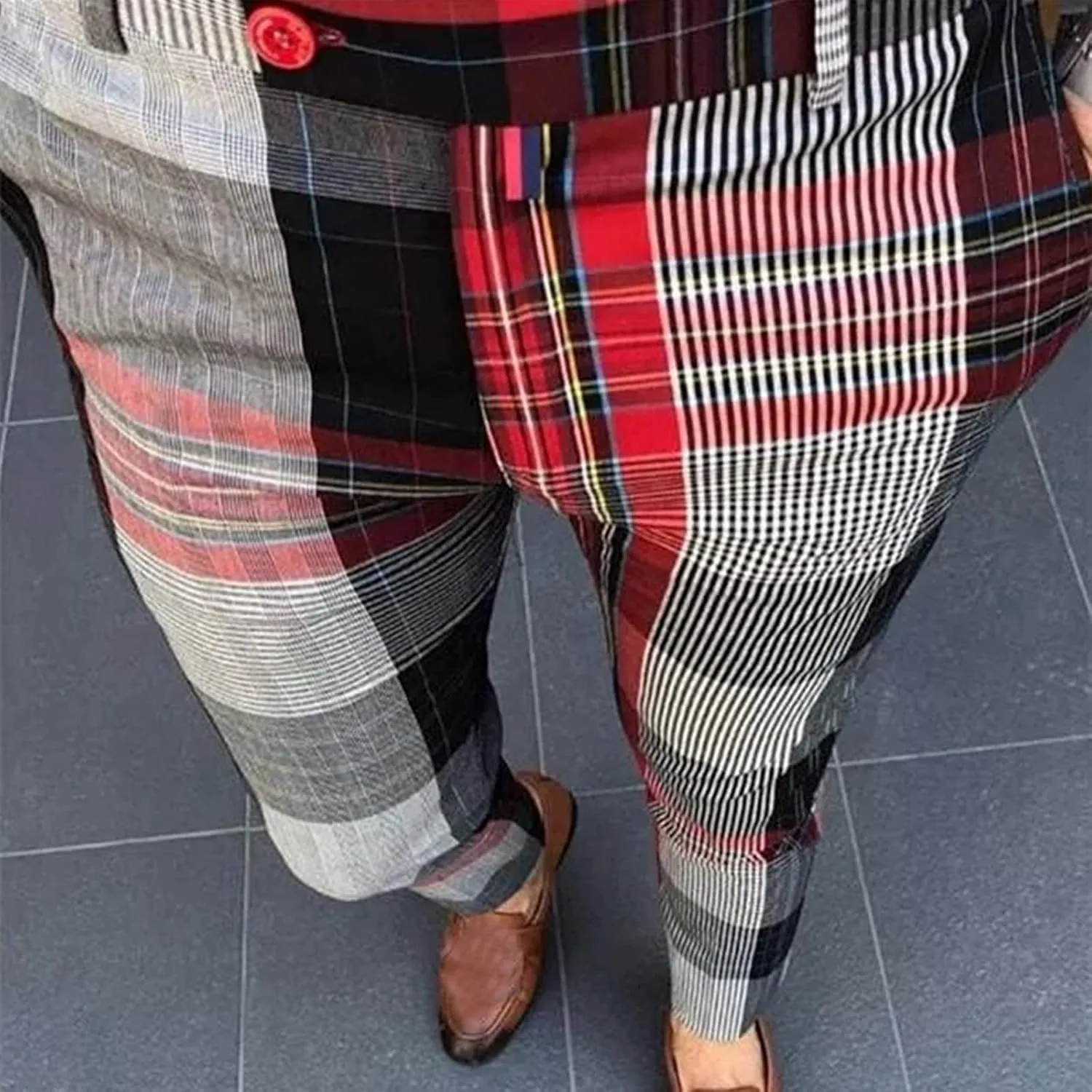 Plaid Pants for Men Slim Fit Flat Front Skinny Chino Dress Pants Checkered Business Casual Pants Stretch Golf Trousers